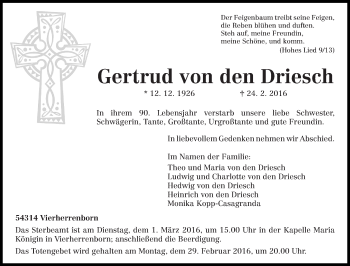 Todesanzeige von Gertrud von den Driesch von trierischer_volksfreund