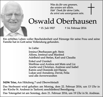 Todesanzeige von Oswald Oberhausen von trierischer_volksfreund