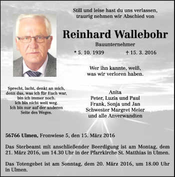 Todesanzeige von Reinhard Wallebohr von trierischer_volksfreund