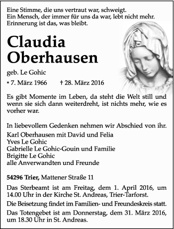 Todesanzeige von Claudia Oberhausen von trierischer_volksfreund
