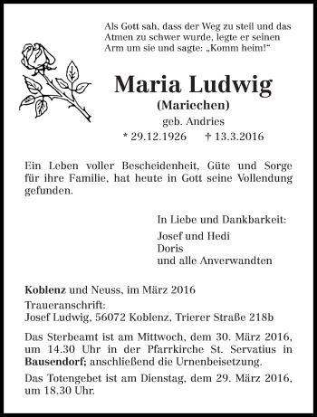 Todesanzeige von Maria Ludwig von trierischer_volksfreund