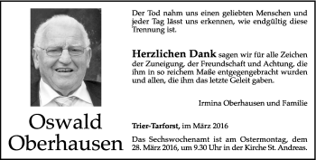 Todesanzeige von Oswald Oberhausen von trierischer_volksfreund