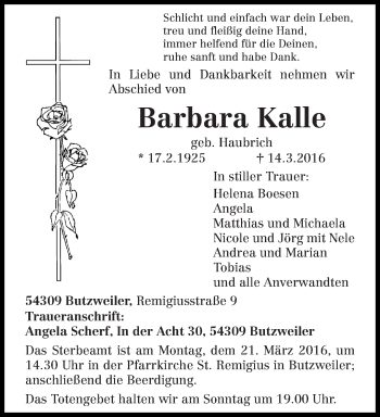 Todesanzeige von Barbara Kalle von trierischer_volksfreund