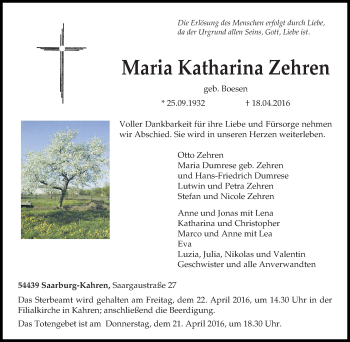 Todesanzeige von Maria Katharina Zehren von trierischer_volksfreund