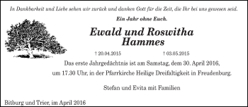 Todesanzeige von Ewald und Roswitha Hammes von trierischer_volksfreund