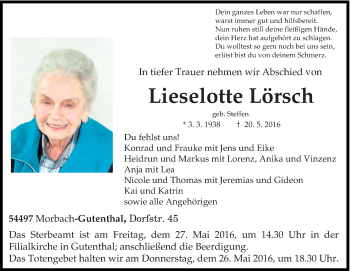 Todesanzeige von Lieselotte Lörsch von trierischer_volksfreund