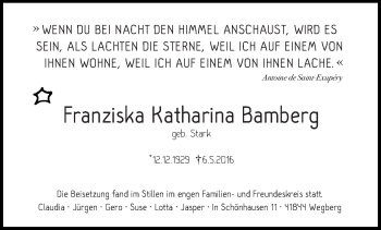 Todesanzeige von Franziska Katharina Bamberg von trierischer_volksfreund
