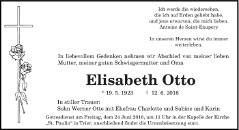 Todesanzeige von Elisabeth Otto von trierischer_volksfreund