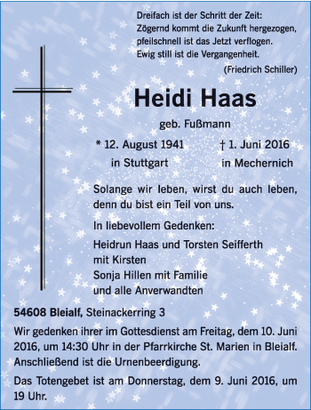 Todesanzeige von Heidi Haas von trierischer_volksfreund