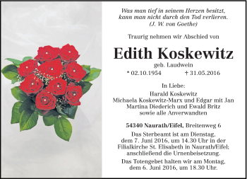 Todesanzeige von Edith Koskewitz von trierischer_volksfreund