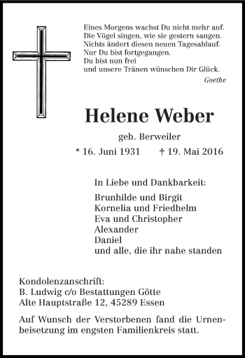 Todesanzeige von Helene Weber von trierischer_volksfreund