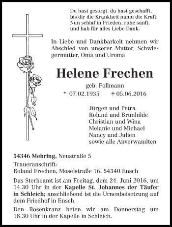 Todesanzeige von Helene Frechen von trierischer_volksfreund