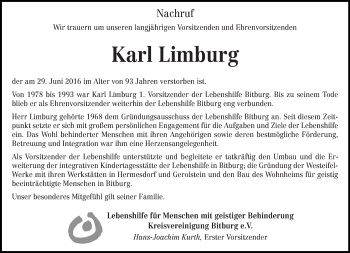 Todesanzeige von Karl Limburg von trierischer_volksfreund