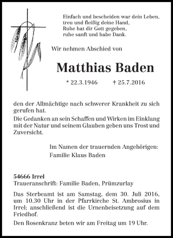 Todesanzeige von Matthias Baden von trierischer_volksfreund