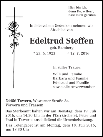 Todesanzeige von Edeltrud Steffen von trierischer_volksfreund