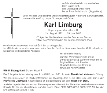 Todesanzeige von Karl Limburg von trierischer_volksfreund