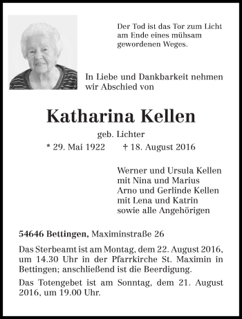 Todesanzeige von Katharina Kellen von trierischer_volksfreund
