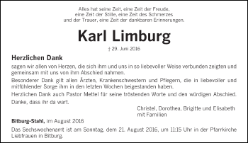 Todesanzeige von Karl Limburg von trierischer_volksfreund
