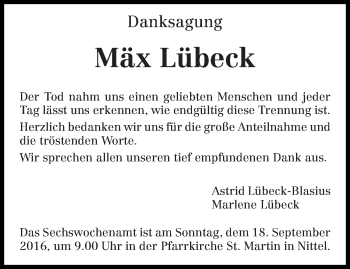 Todesanzeige von Mäx Lübeck von trierischer_volksfreund