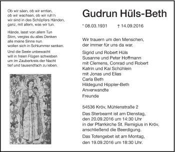 Todesanzeige von Gudrun Hüls-Beth von trierischer_volksfreund