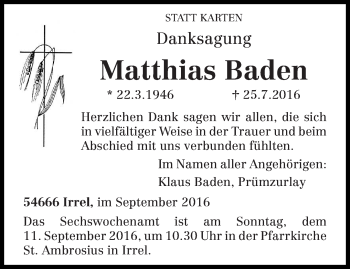 Todesanzeige von Matthias Baden von trierischer_volksfreund