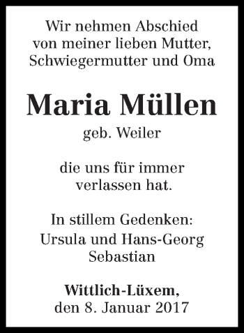 Todesanzeige von Maria Müllen von trierischer_volksfreund