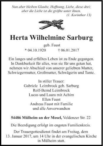 Todesanzeige von Herta Wilhelmine Sarburg von trierischer_volksfreund