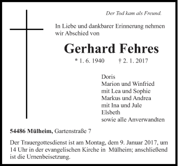 Todesanzeige von Gerhard Fehres von trierischer_volksfreund