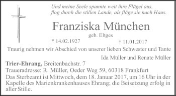 Todesanzeige von Franziska München von trierischer_volksfreund