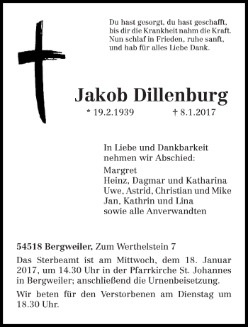 Todesanzeige von Jakob Dillenburg von trierischer_volksfreund