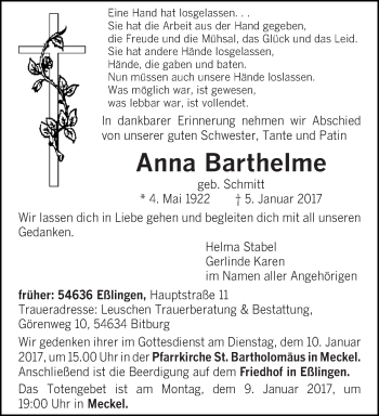 Todesanzeige von Anna Barthelme von trierischer_volksfreund