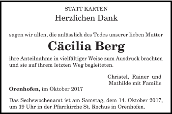 Todesanzeige von Cäcilia Berg von trierischer_volksfreund