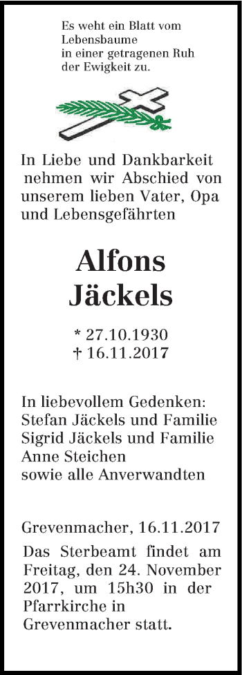 Todesanzeige von Alfons Jäckels von trierischer_volksfreund