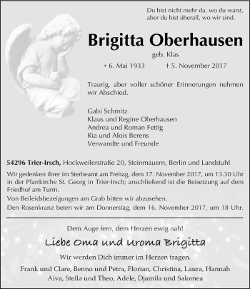 Todesanzeige von Brigitta Oberhausen von trierischer_volksfreund