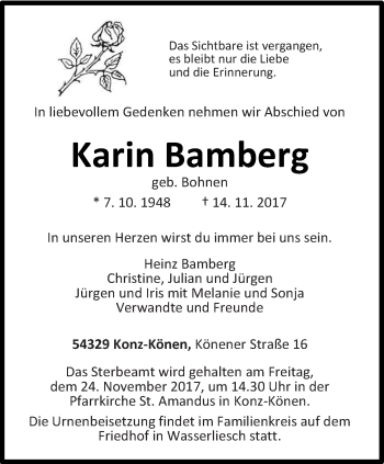 Todesanzeige von Karin Bamberg von trierischer_volksfreund