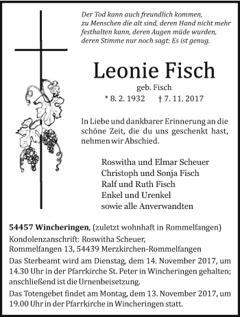 Todesanzeige von Leonie Fisch von trierischer_volksfreund