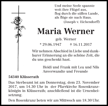 Todesanzeige von Maria Werner von trierischer_volksfreund