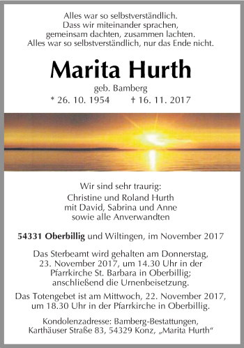 Todesanzeige von Marita Hurth von trierischer_volksfreund