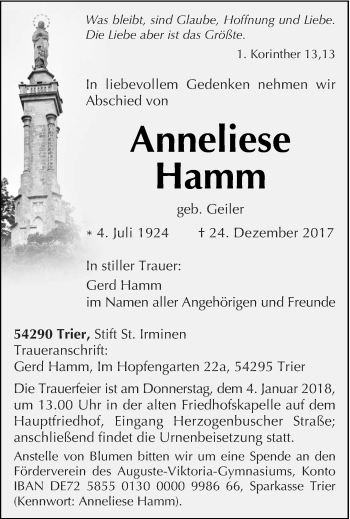 Todesanzeige von Anneliese Hamm von trierischer_volksfreund
