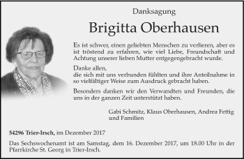 Todesanzeige von Brigitta Oberhausen von trierischer_volksfreund