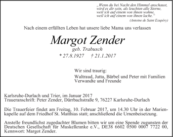 Todesanzeige von Margot Zender von trierischer_volksfreund