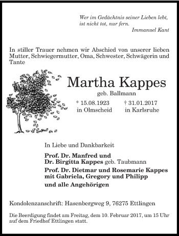 Todesanzeige von Martha Kappes von trierischer_volksfreund