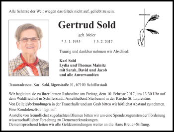 Todesanzeige von Gertrud Sold von trierischer_volksfreund