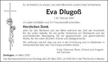 Todesanzeige von Eva Dlugoß von trierischer_volksfreund