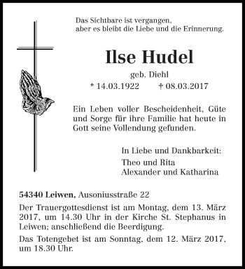 Todesanzeige von Ilse Hudel von trierischer_volksfreund