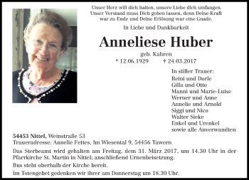 Todesanzeige von Anneliese Huber von trierischer_volksfreund