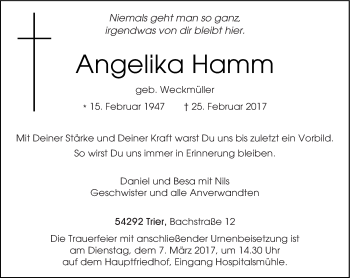 Todesanzeige von Angelika Hamm von trierischer_volksfreund