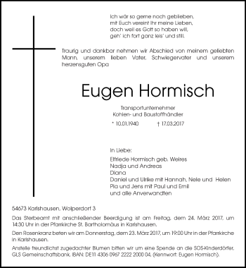 Todesanzeige von Eugen Hormisch von trierischer_volksfreund