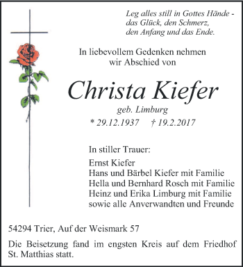 Todesanzeige von Christa Kiefer von trierischer_volksfreund