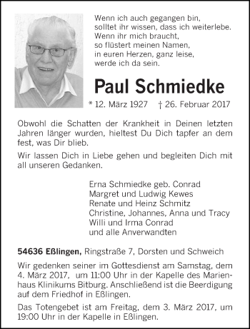 Todesanzeige von Paul Schmiedke von trierischer_volksfreund